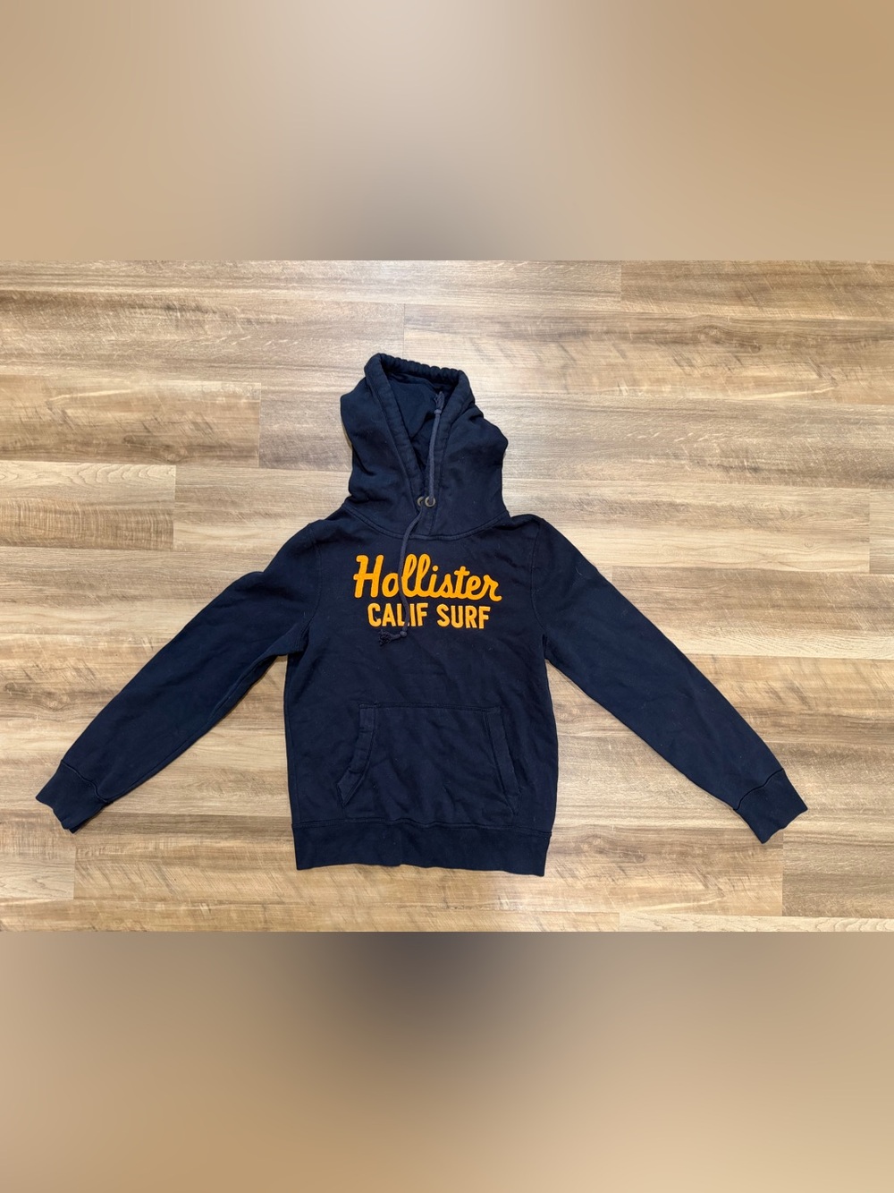 Hollister Men’s Navy Crewneck Hoodie with Orange Script
